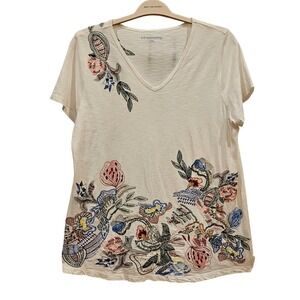 Soft Surroundings Heavily Embroidered Floral V Neck T Shirt Cream Size Large